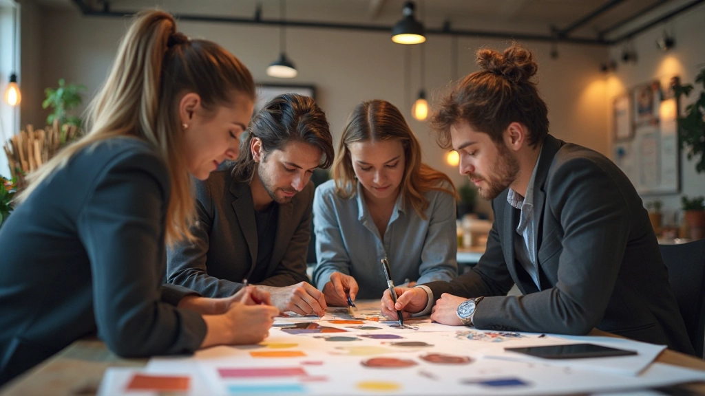 Creatieve teamvergadering met designschetsen en kleurenpalet op tafel met laptops