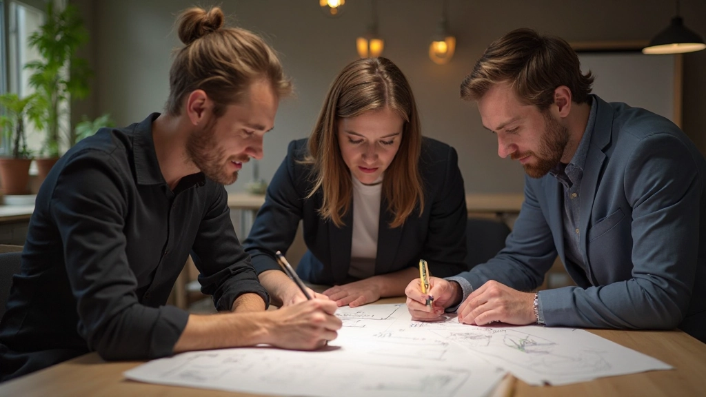 Creatieve teamvergadering met designschetsen en kleurenpalet op tafel