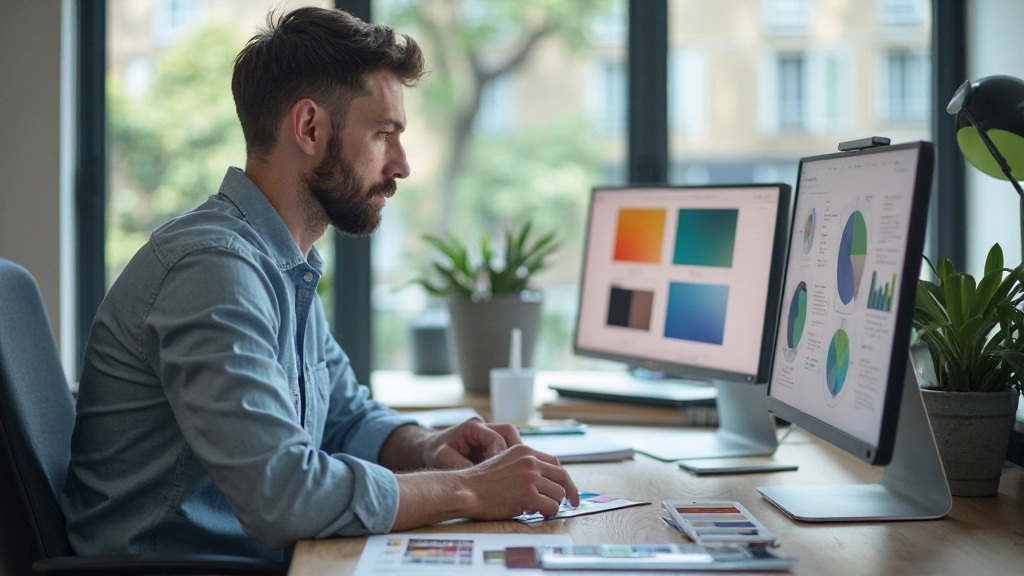 Professionele afbeelding van designer die kleurpaletschema analyseert met kleurstalen op modern bureau