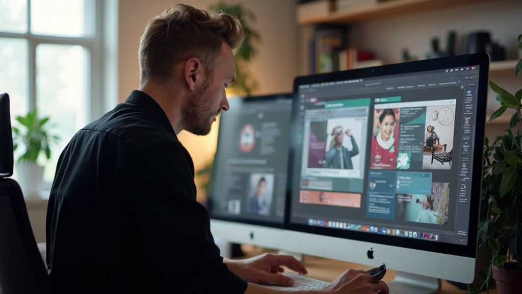 Professioneel webdesign team werkend aan moderne layout op grote monitoren met kleurrijke interface elementen