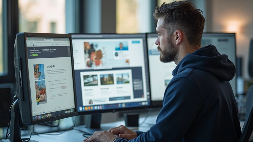 Designer werkt aan responsieve layout op groot scherm met kleurrijke interface elementen