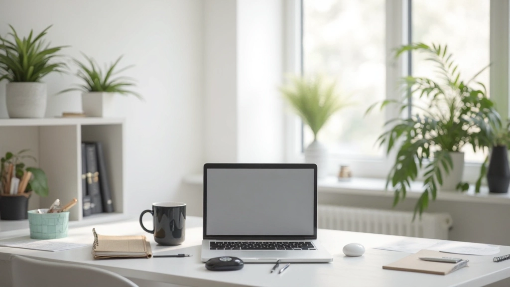 Minimalistisch kantoor met laptop en design tools op schoon bureau met witte muur